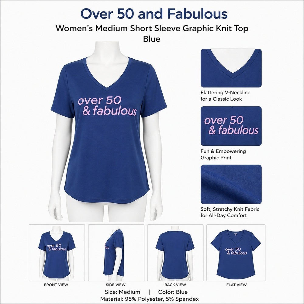 Over 50 and Fabulous Womens Medium Short Sleeve Graphic Knit Top Blue NWT